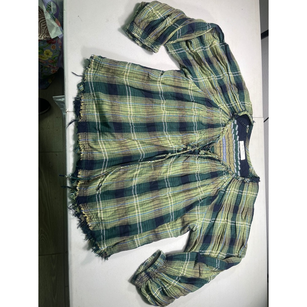 Free People We The Free Medium Plaid Tunic Top Lace Up Raw Hem Green Oversized